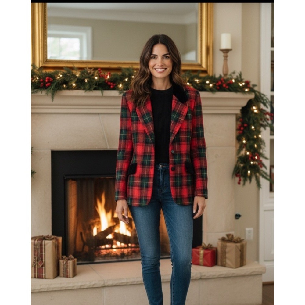 Norton McNaughton Vintage Holiday Tartan Plaid Wool Blazer Velvet Collar Size 8